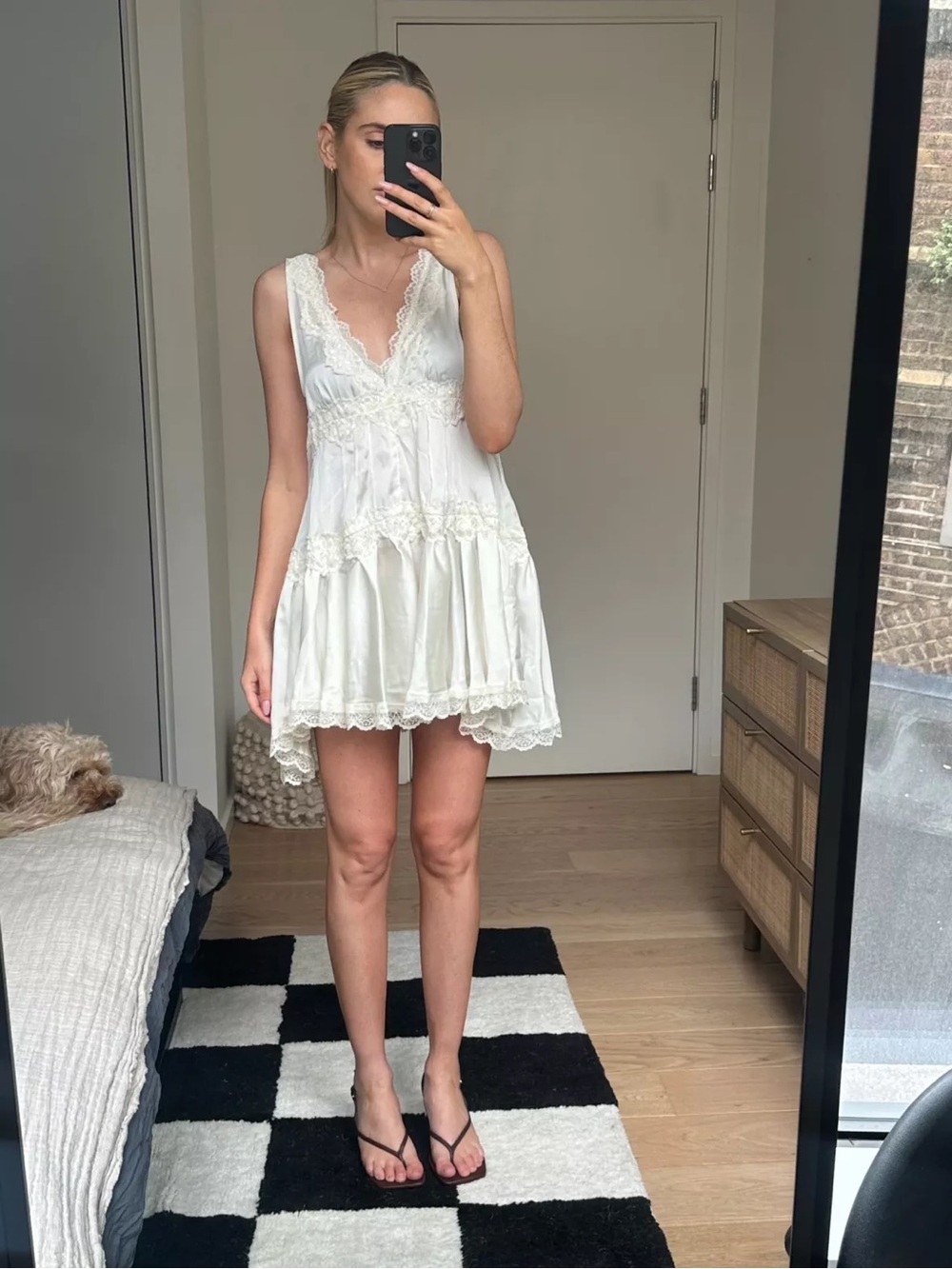 White Lace Trim V-Neck Mini Dress